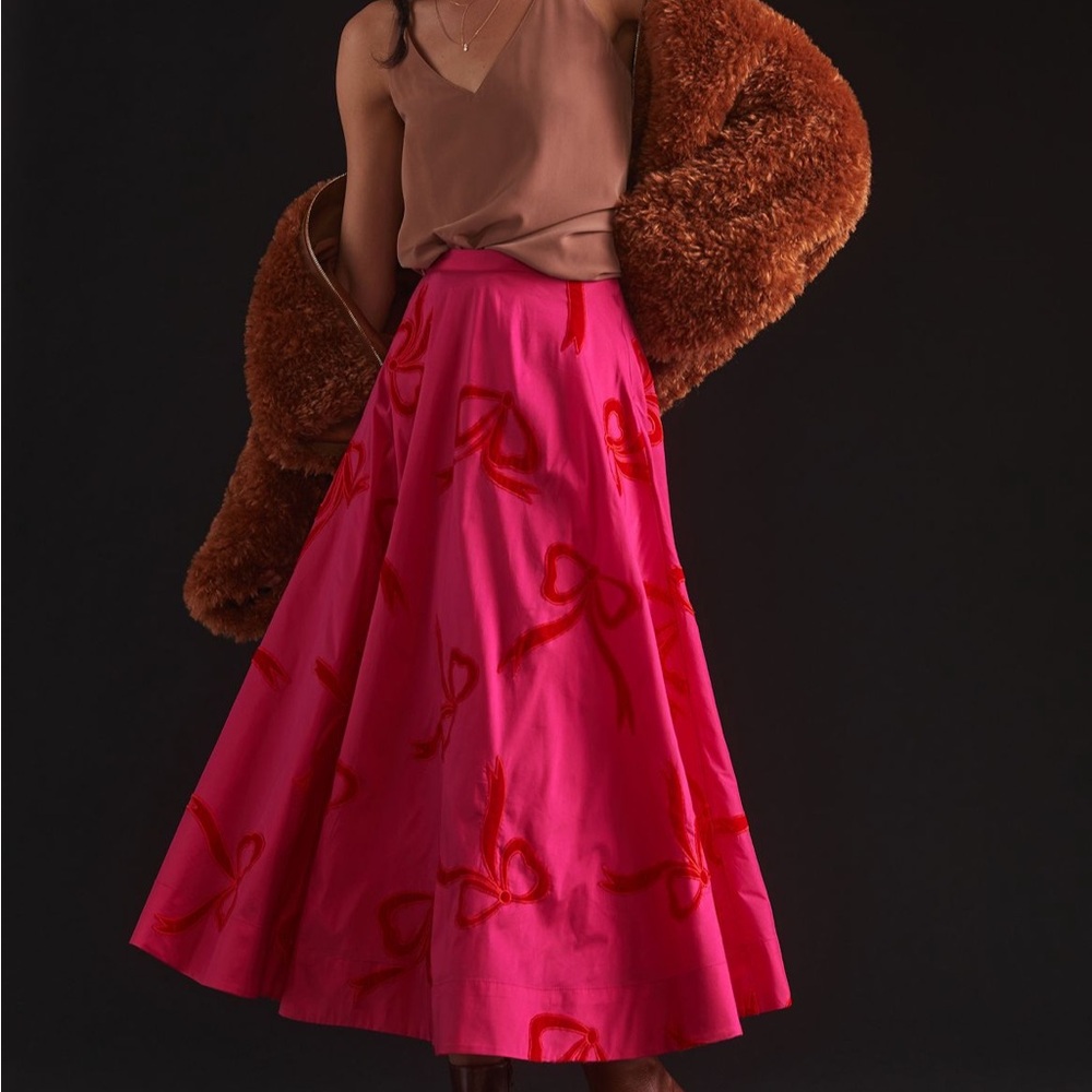 Anthropologie Maeve Taffeta Pink and Red Bow-Patterned Maxi Skirt